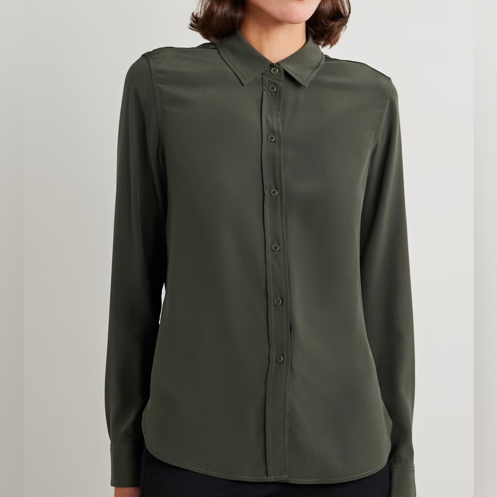 NWOT Nila Lotan Gaia silk crepe de chine shirt, dark green, XS extra small